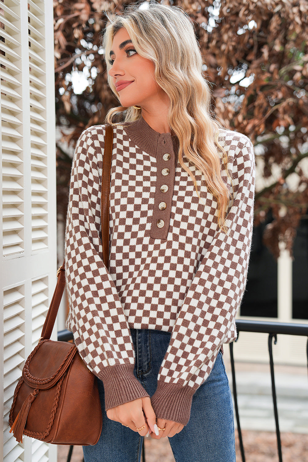 Dark Brown Plaid Contrast Trim Button Neck Sweater