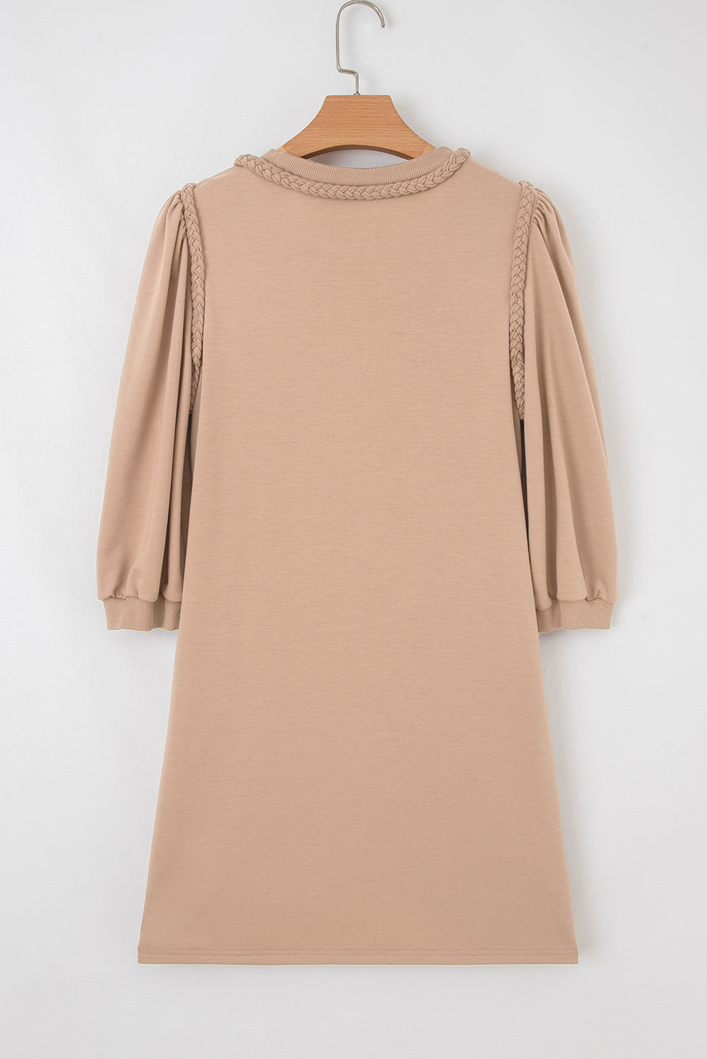 Light French Beige Twist Braided Embellished Puff Sleeve Dress