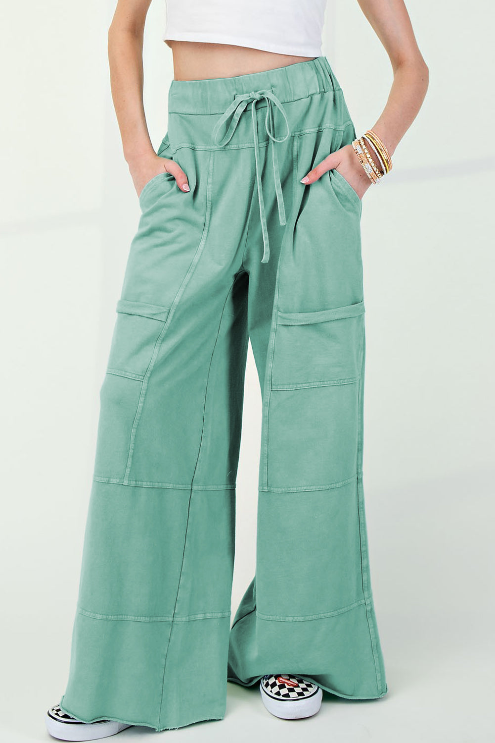 Mint Green Mineral Wash Exposed Seam Wide Leg Cargo Pants