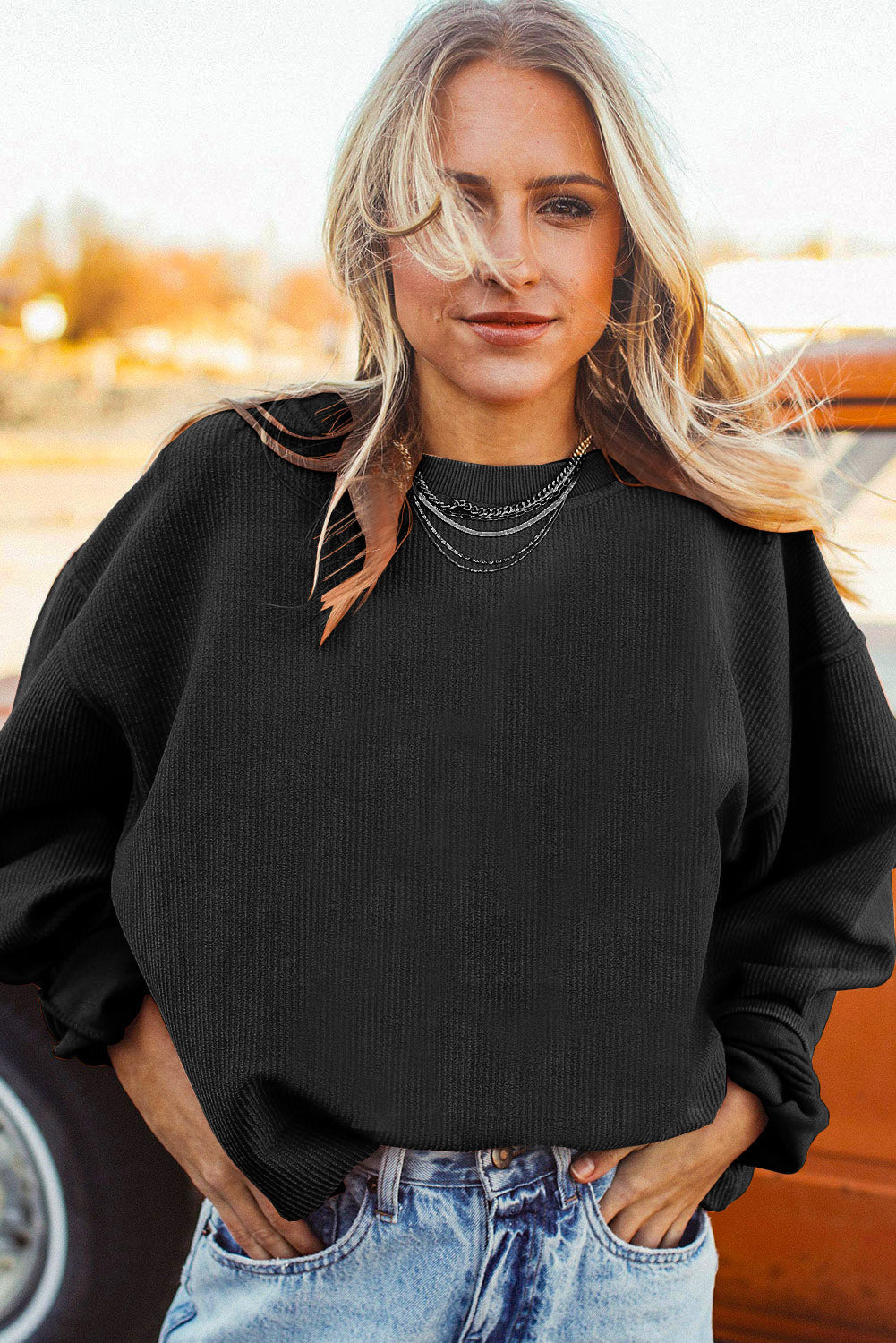 Black Solid Color Rib Knit Oversized Sweatshirt