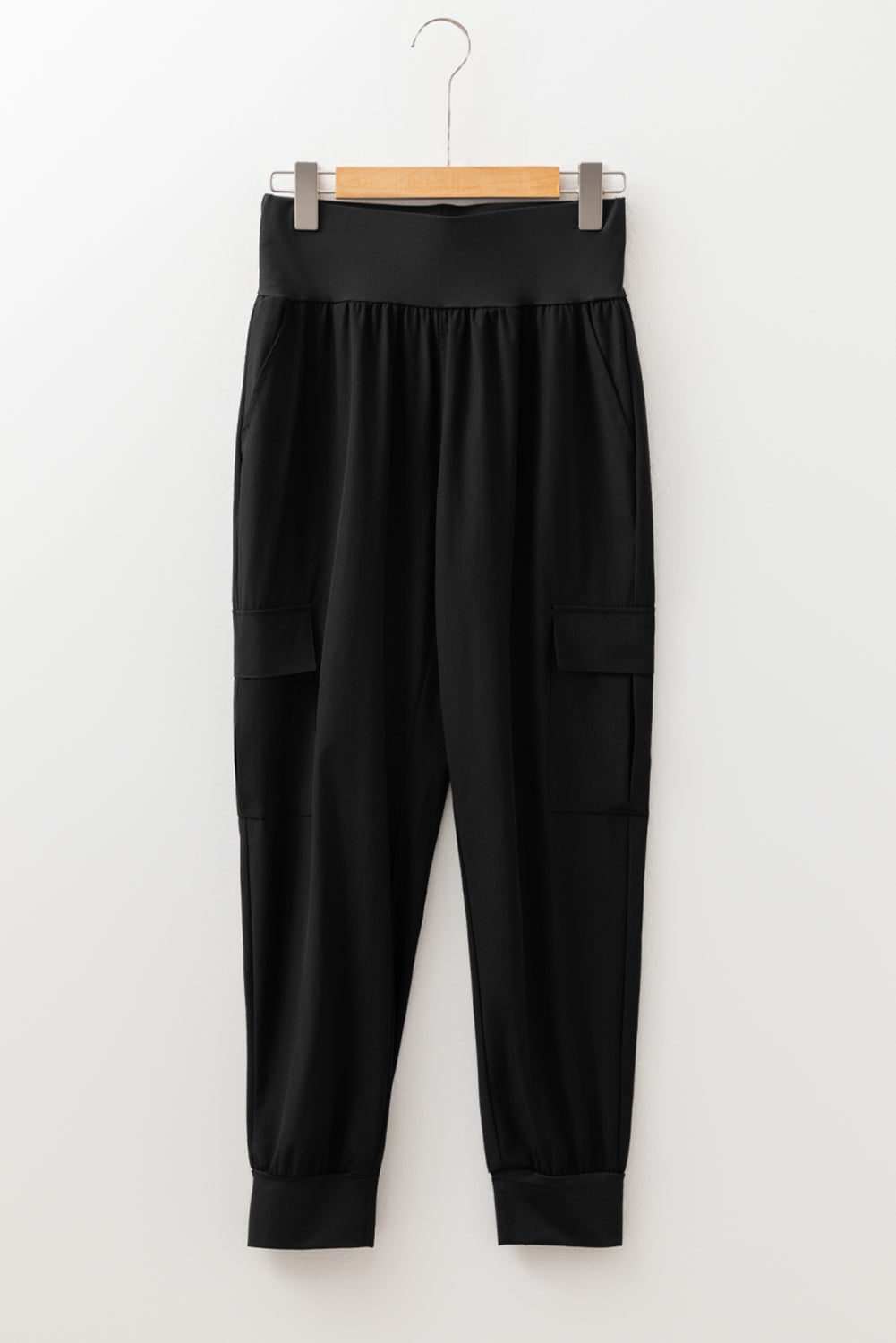 Black Elastic High Waist Pocketed Cargo Jogger Pants