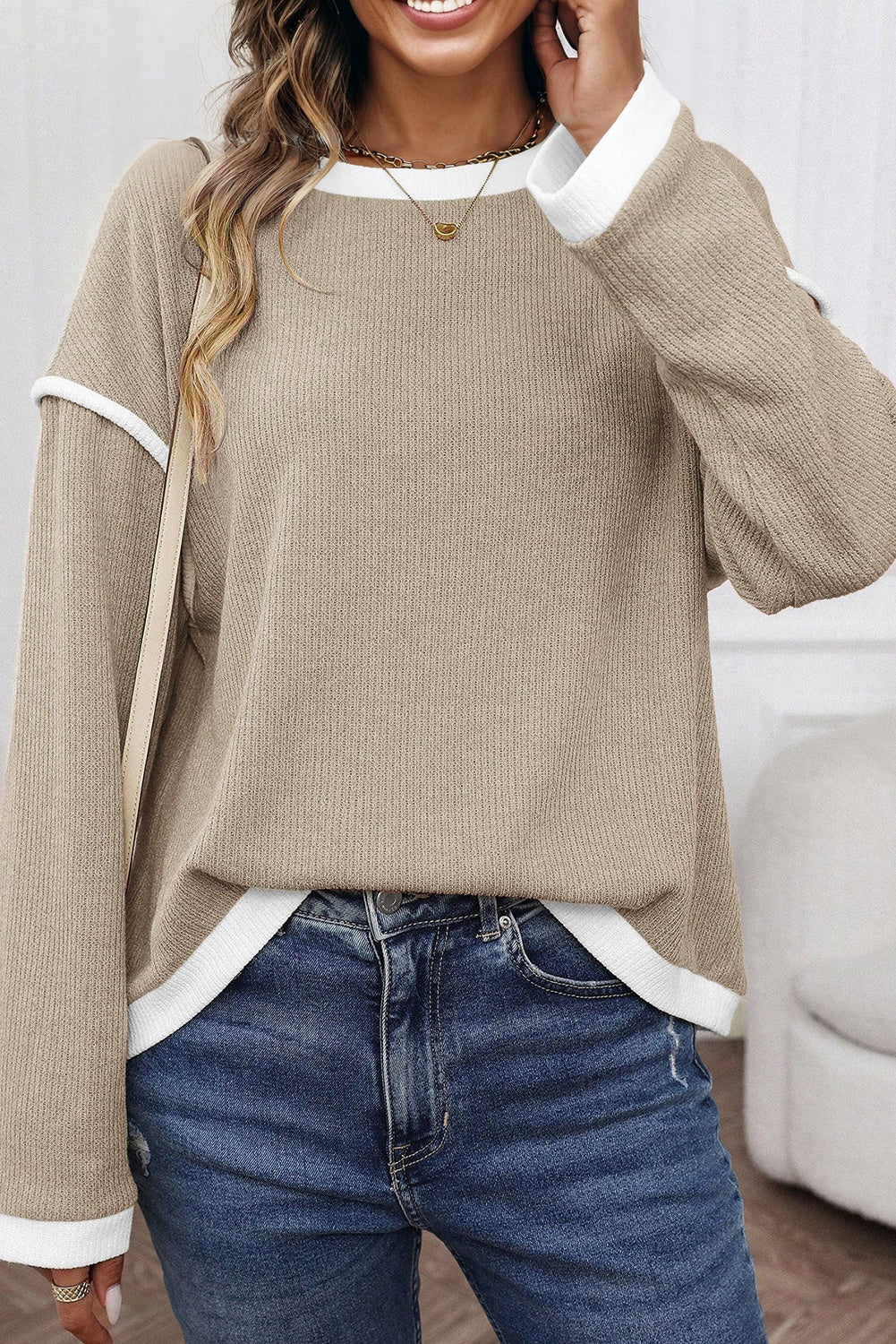 Beige Contrast Color Trim Knit Drop Shoulder Loose Top