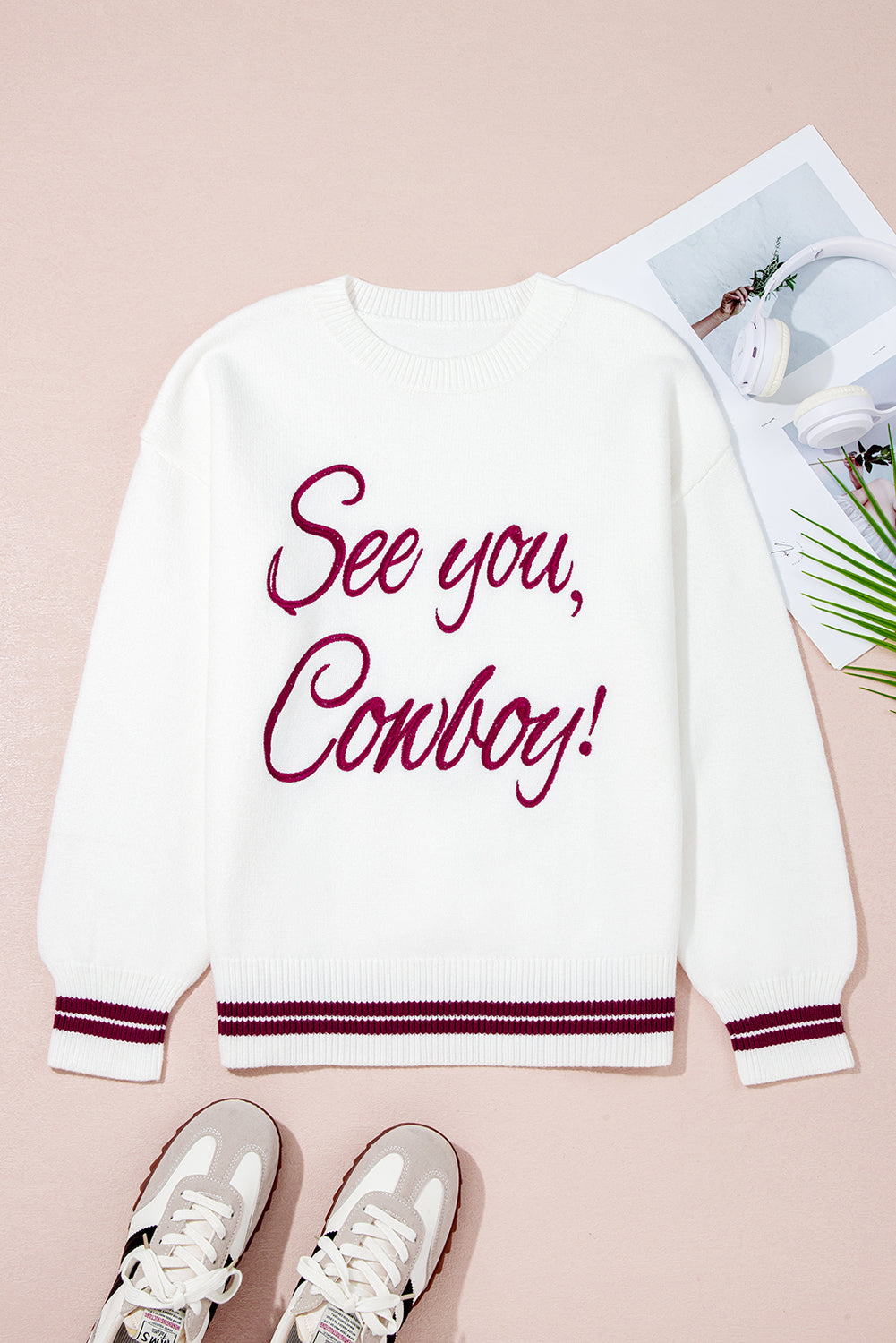 White Letter Embroidered Graphic Sweater