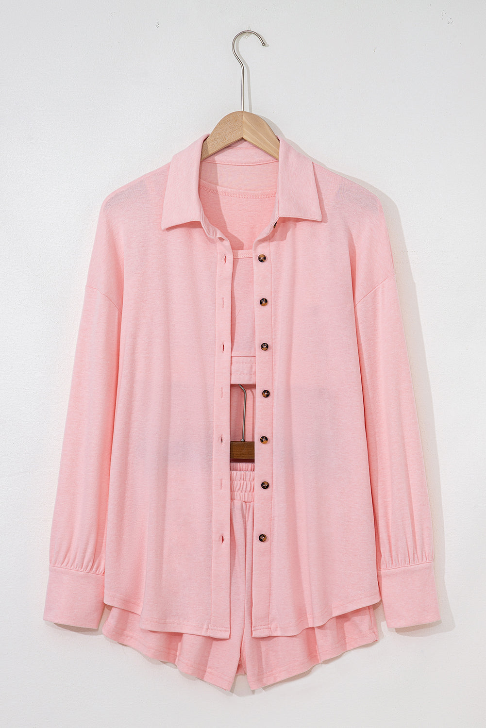 Light Pink Shirred Hem Crop Tank Top Loose Shorts Cardigan 3 Piece Pajama Set