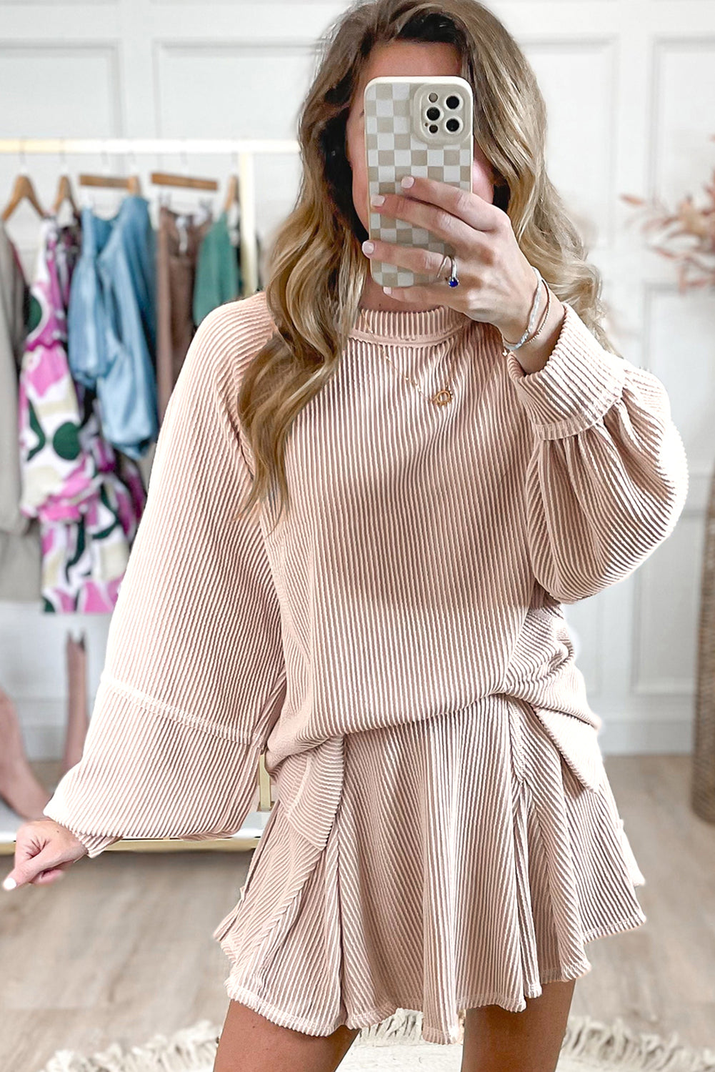 Jet Stream Corded Lantern Sleeve Pullover and Ruffle Mini Skirt Set