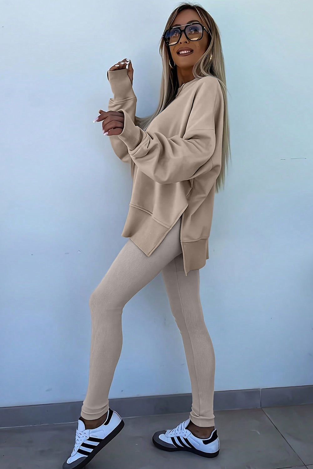Jet Stream Solid Color Oversize Slit Sweatshirt Ribbed Leggings Set