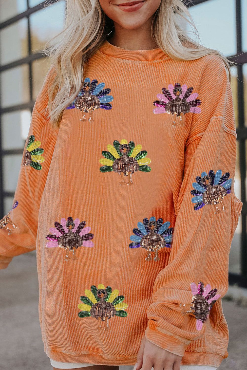 Orange Turkey Graphic Sequins Patch Corded Baggy Sweatshirt