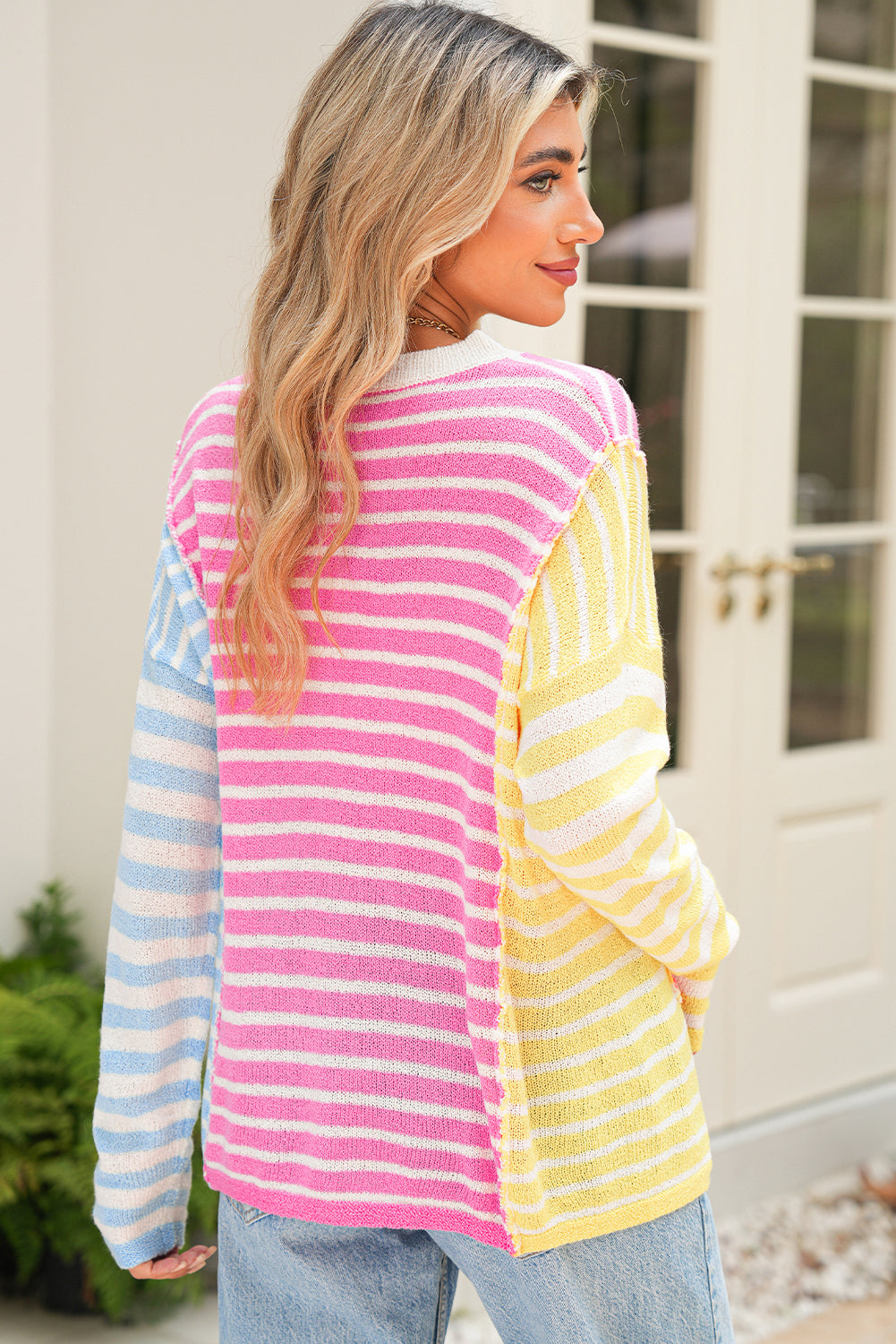 Multicolour Colorblock Striped Patchwork Dolman Sleeve Slit Sweater