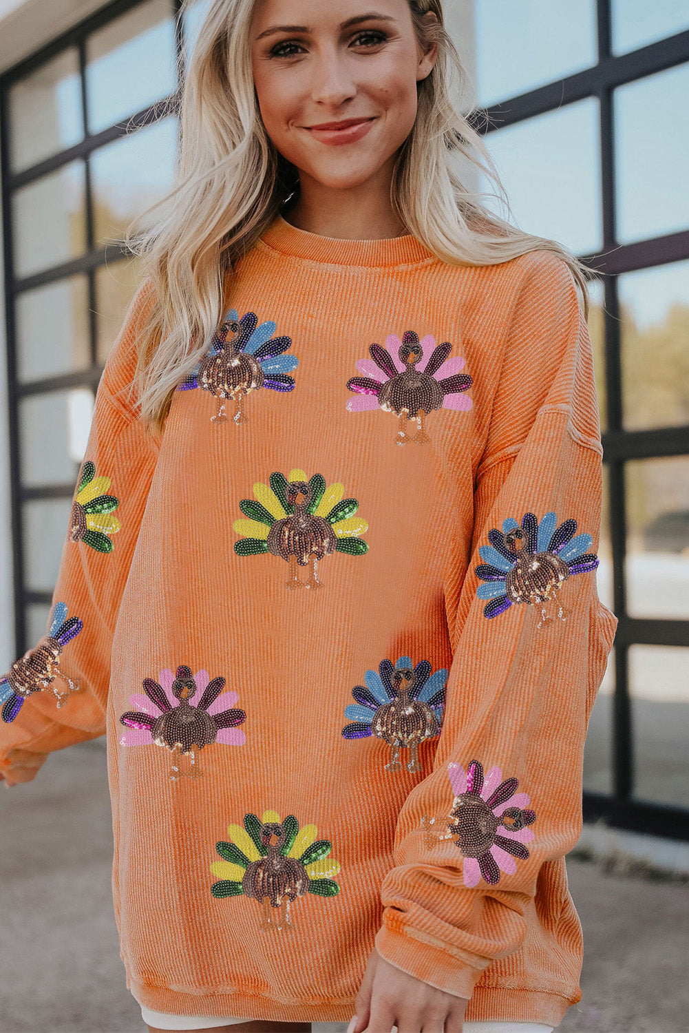Orange Turkey Graphic Sequins Patch Corded Baggy Sweatshirt