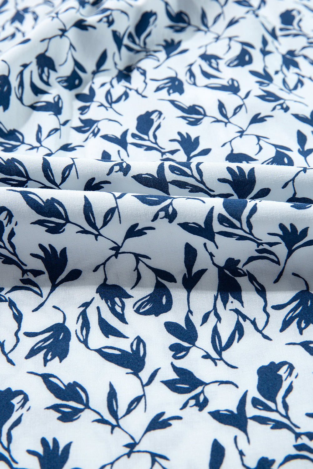 Blue Floral Print Lace Detail Puff Sleeve Shirt