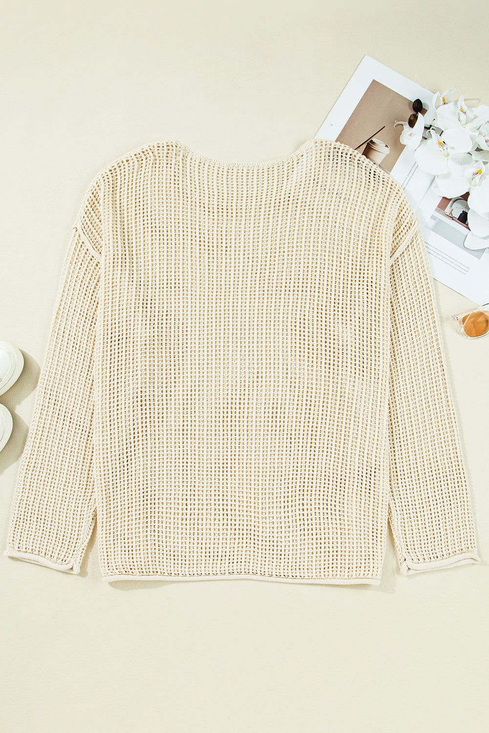 Parchment Hollow Out Knit Star Pattern Plus Size Sweater