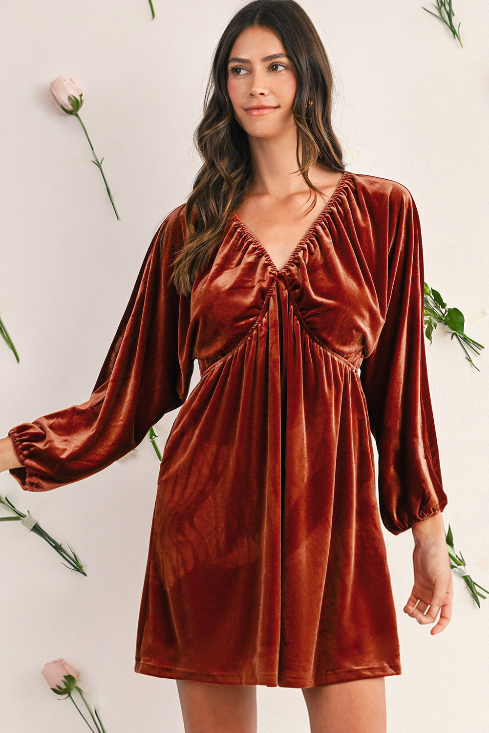 Clay Elastic V Neck Puff Sleeve Flowy Velvet Dress