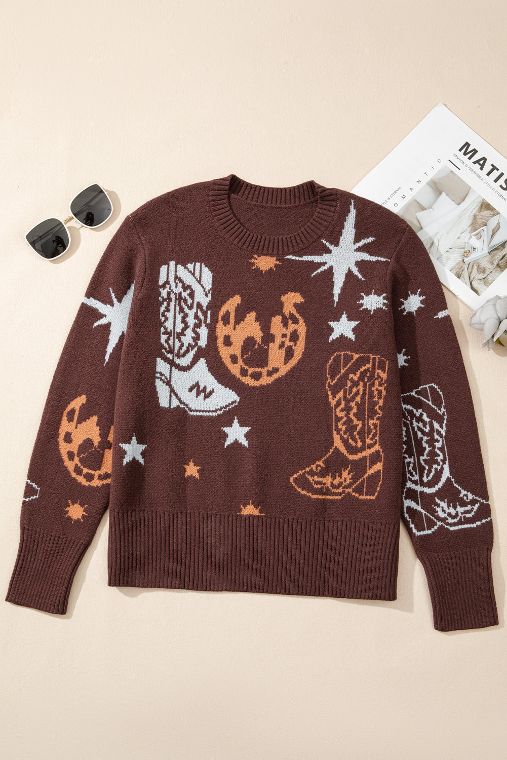 Brown Star Boots Print Cropped Knit Sweater