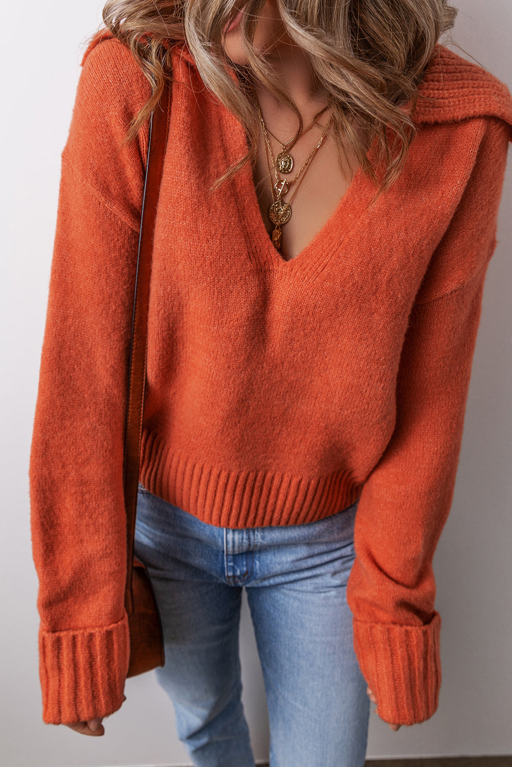 Flamingo Ribbed Edge Collared V Neck Loose Fit Sweater