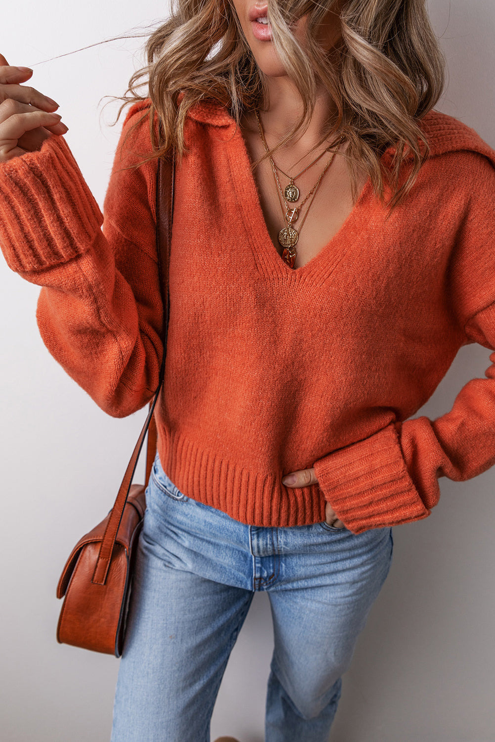 Flamingo Ribbed Edge Collared V Neck Loose Fit Sweater