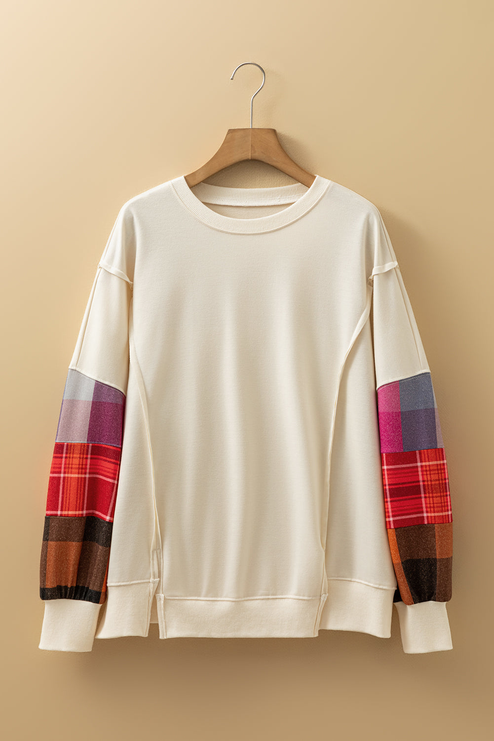 Beige Plaid Patchwork Long Sleeve Exposed Seam Loose Top