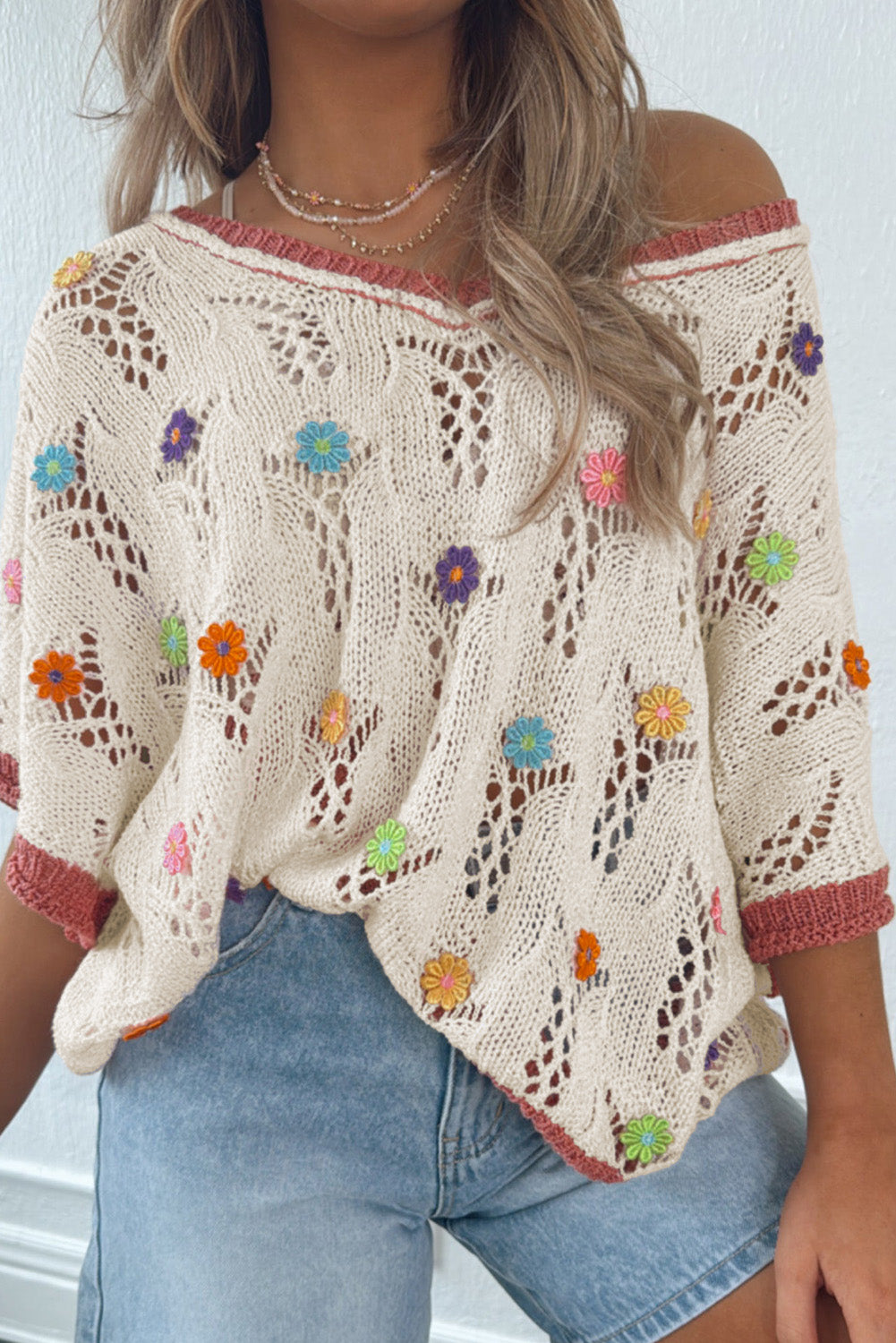 Delicacy Flowers Colorblock Edge Hollow Crochet Knit Top