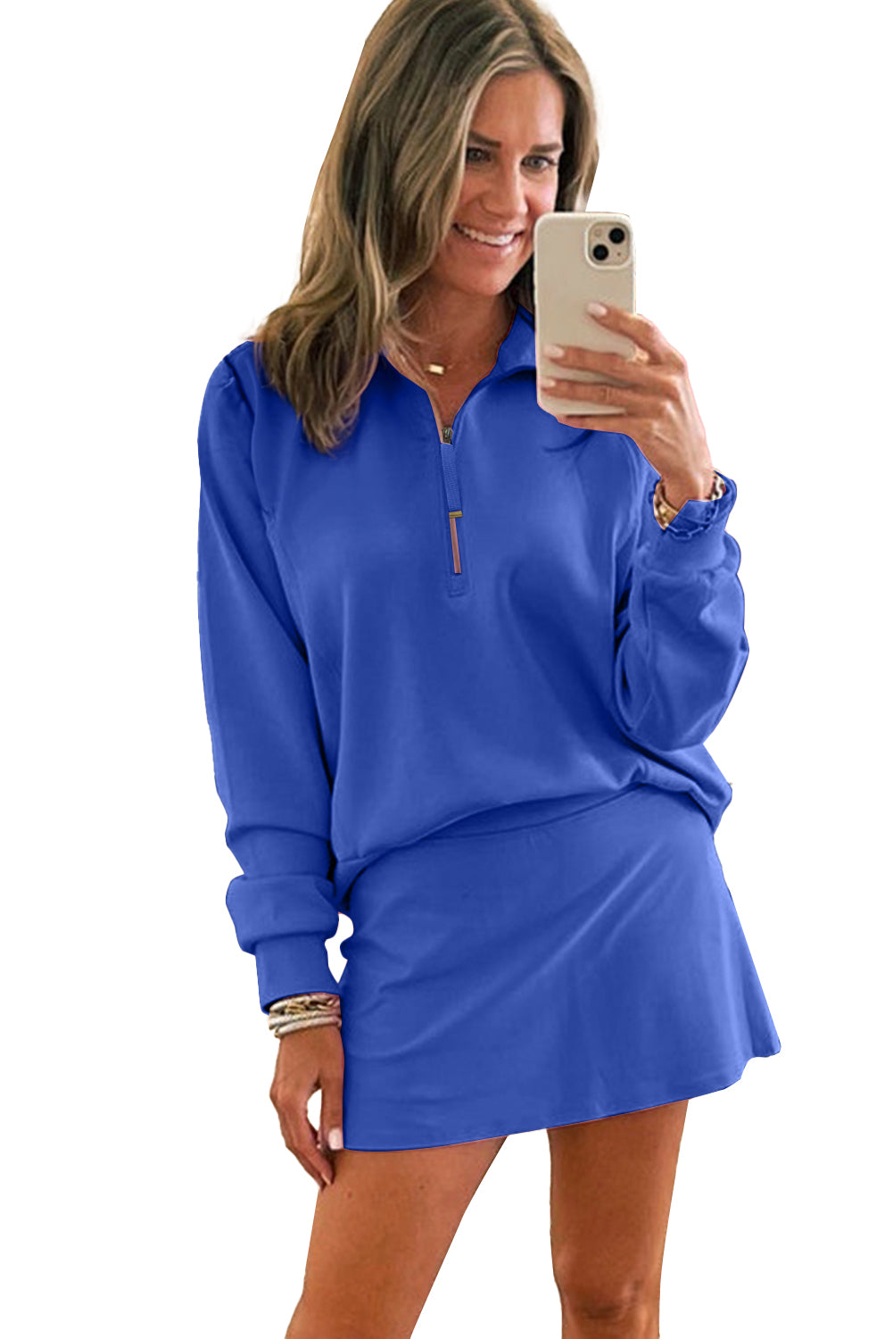 Dark Blue Half Zip Pullover Mini Skirt 2pcs Outfit