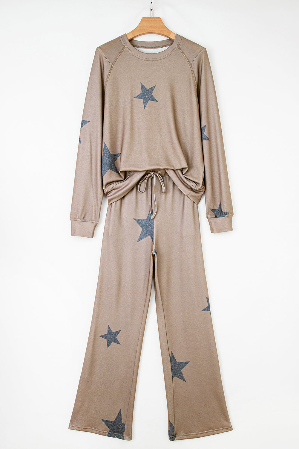 Khaki Retro Star Print Long Sleeve Pullover Drawstring Wide Leg Pajama Set