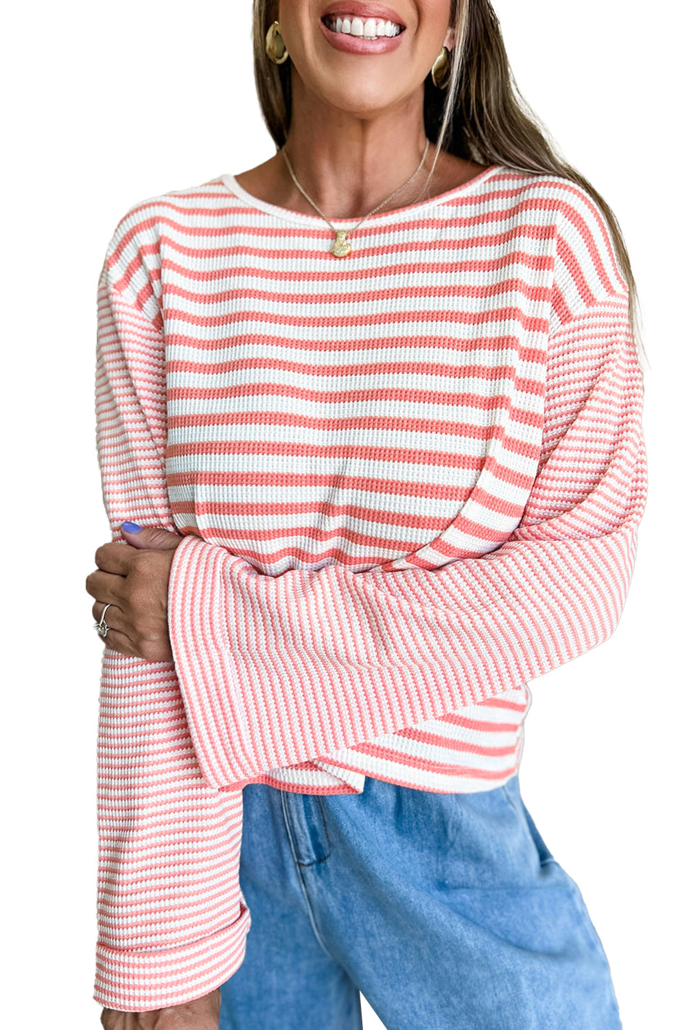 Pink Striped Textured Patchwork Drop Sleeve Top