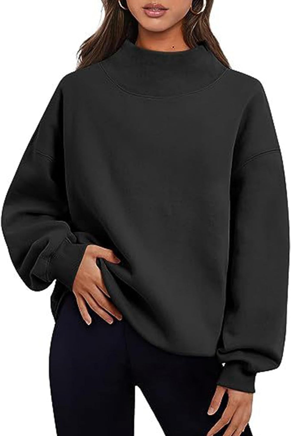 Black Solid Color High Neck Long Sleeve Loose Sweatshirt
