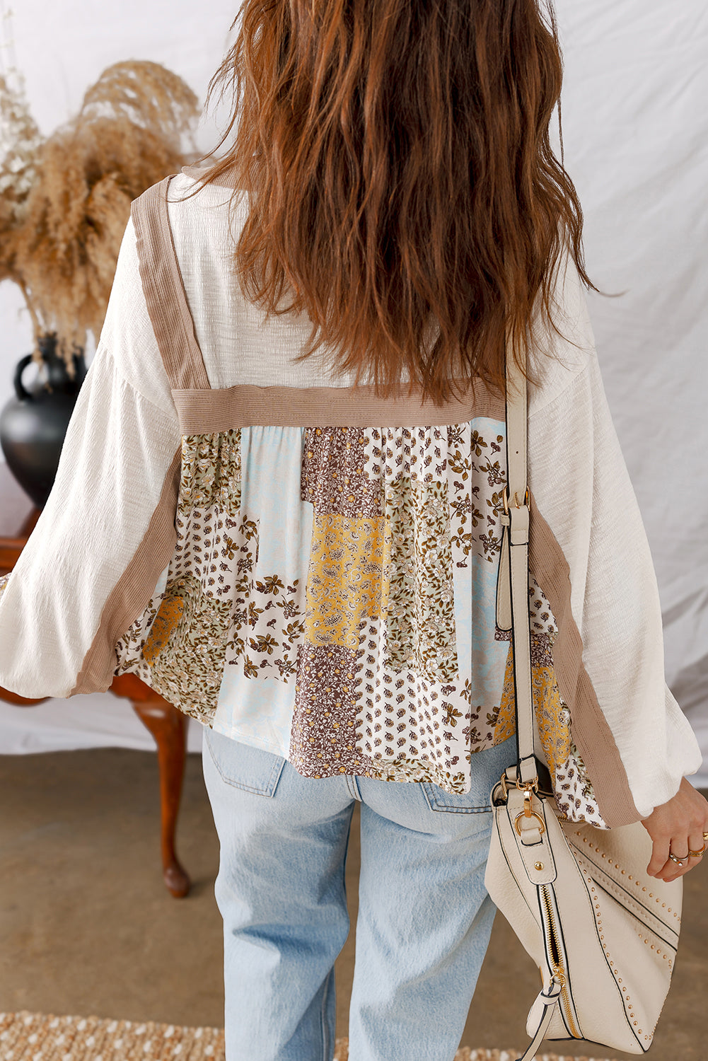 White Floral Print Patchwork Long Sleeve Top