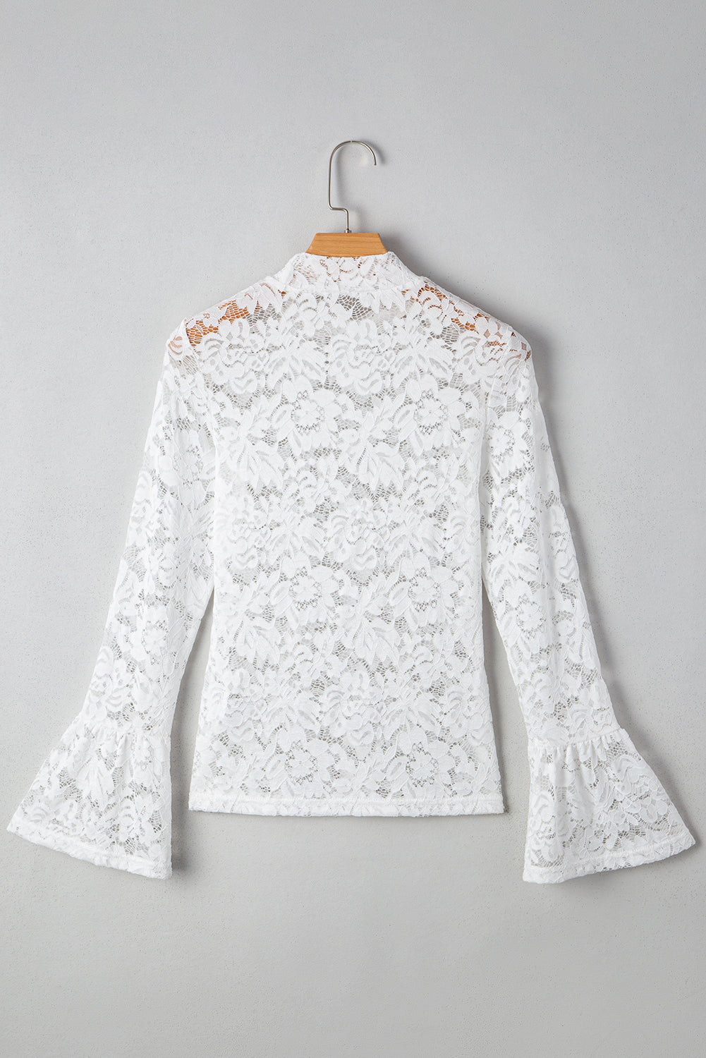White Lace Crochet Bell Sleeve Mock Neck Blouse