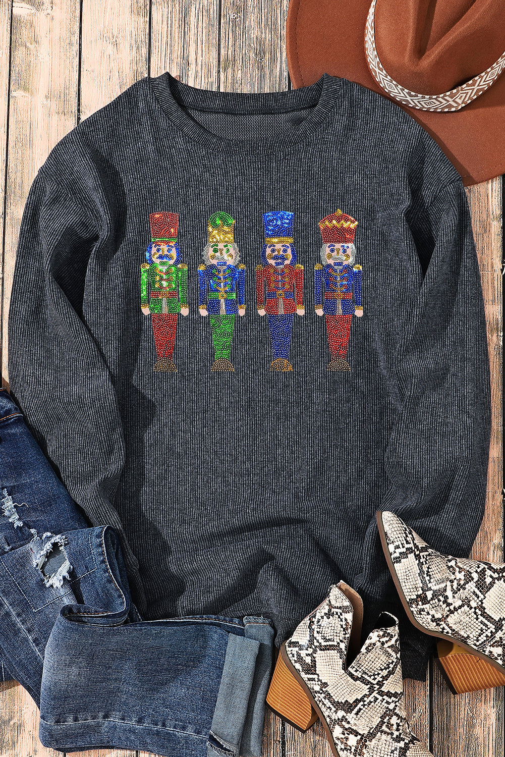 Gray Christmas Nutcracker Graphic Sequins Patch Corded Baggy Sweatshirt