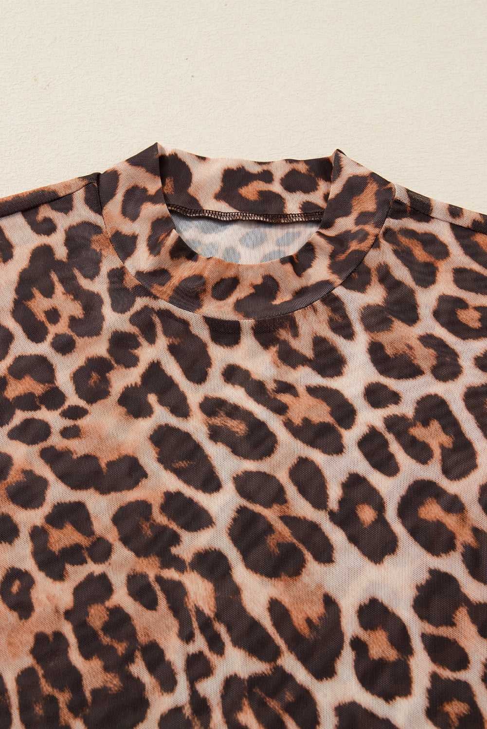 Brown Leopard Mock Neck Long Sleeve Mesh Top