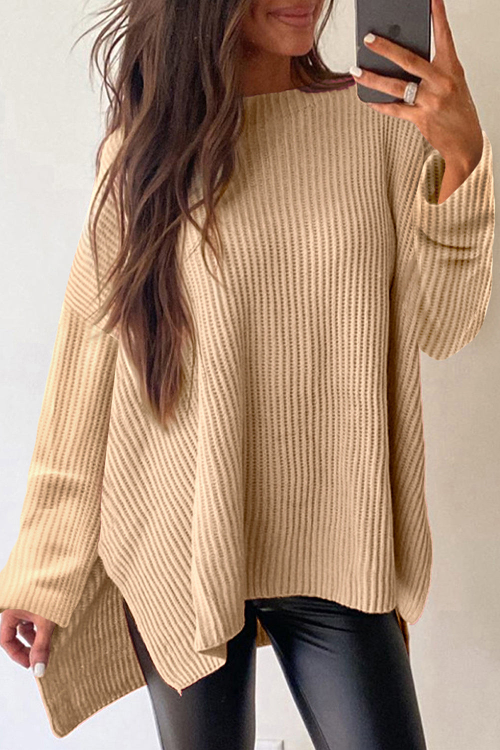 Apricot Plain Side Slits Oversized Sweater