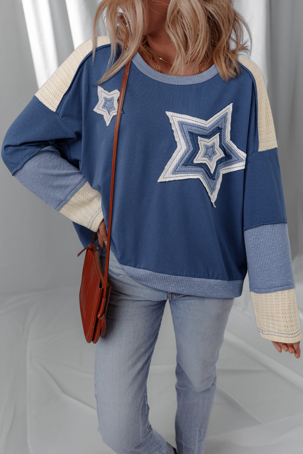Dark Blue Knitted Colorblock Patchwork Star Patched Long Sleeve Top