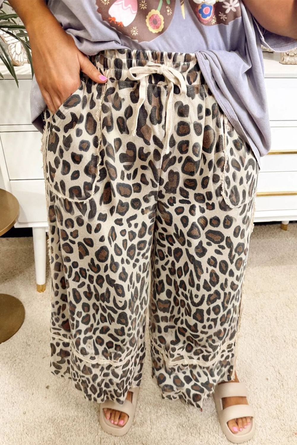 Khaki Exposed Seam Patched Pocket Plus Size Leopard Wide Leg Pants