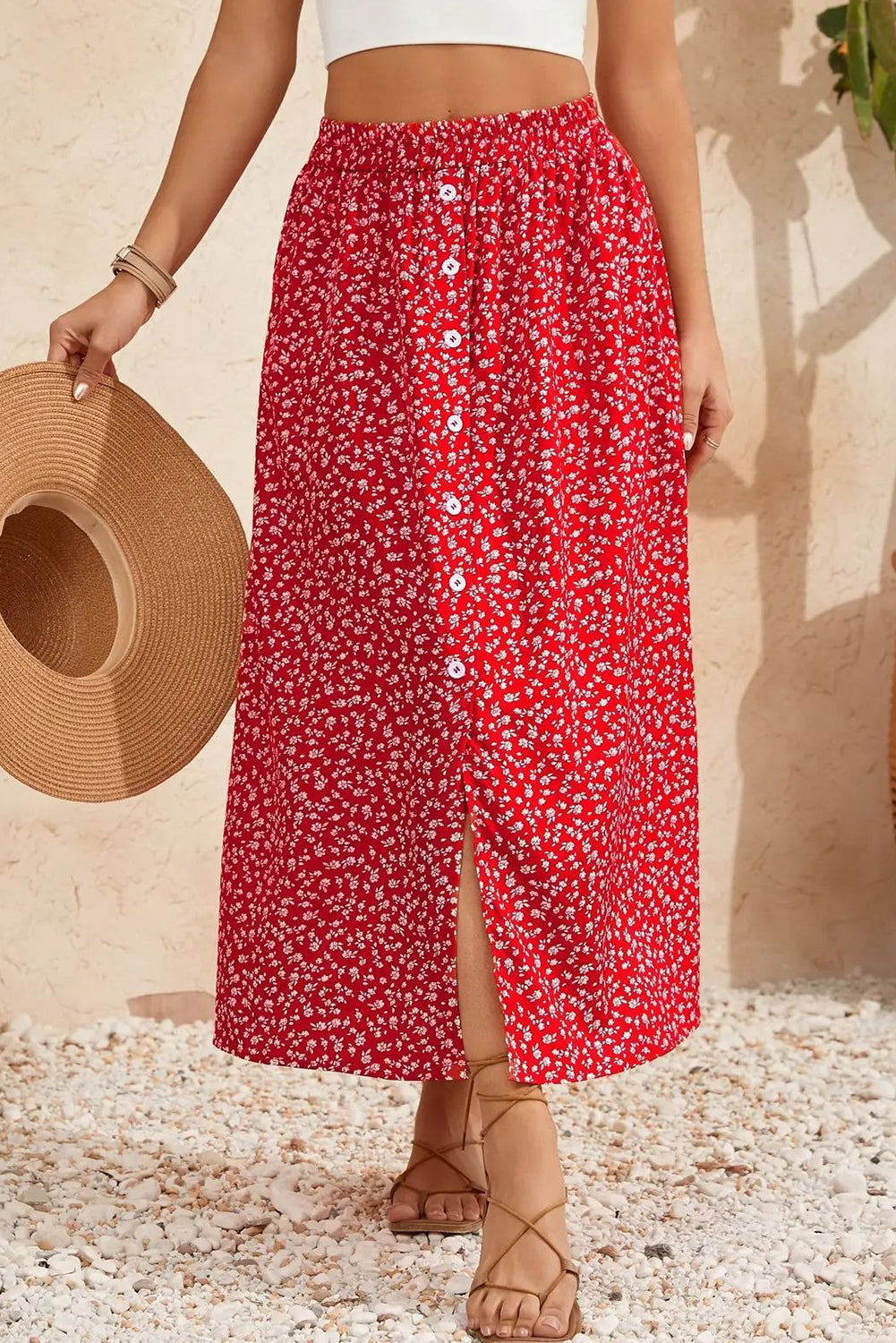 Red Floral Print Button Down Skirt