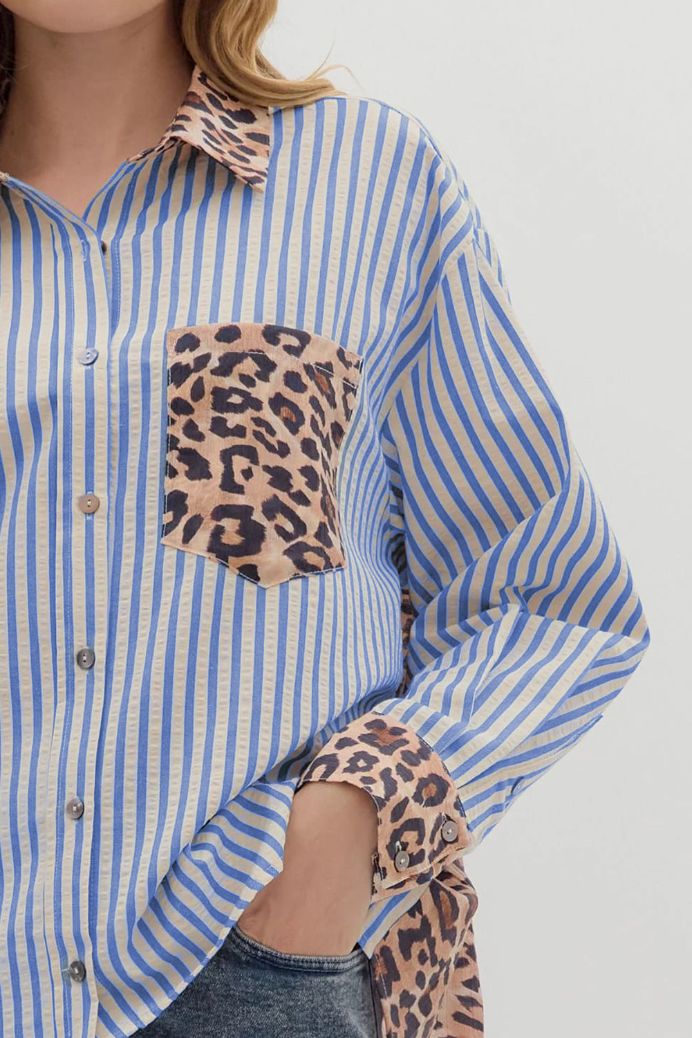 Sky Blue Contrast Leopard and Stripes Button Up Shirt