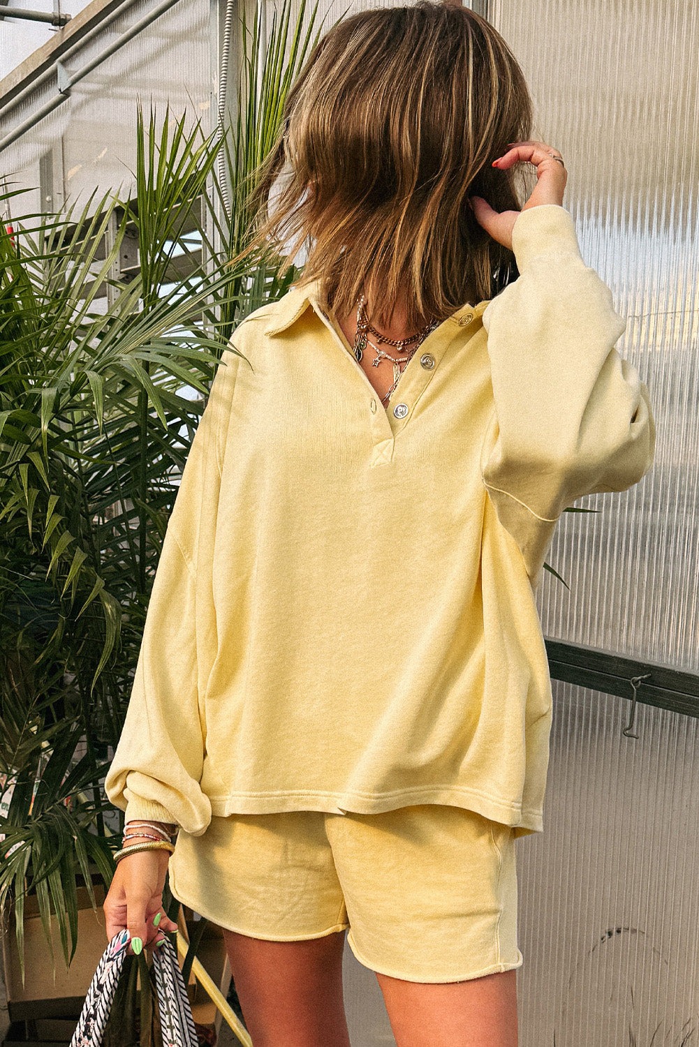 Yellow Cream Button Collar Drop Shoulder Pullover and Shorts Set