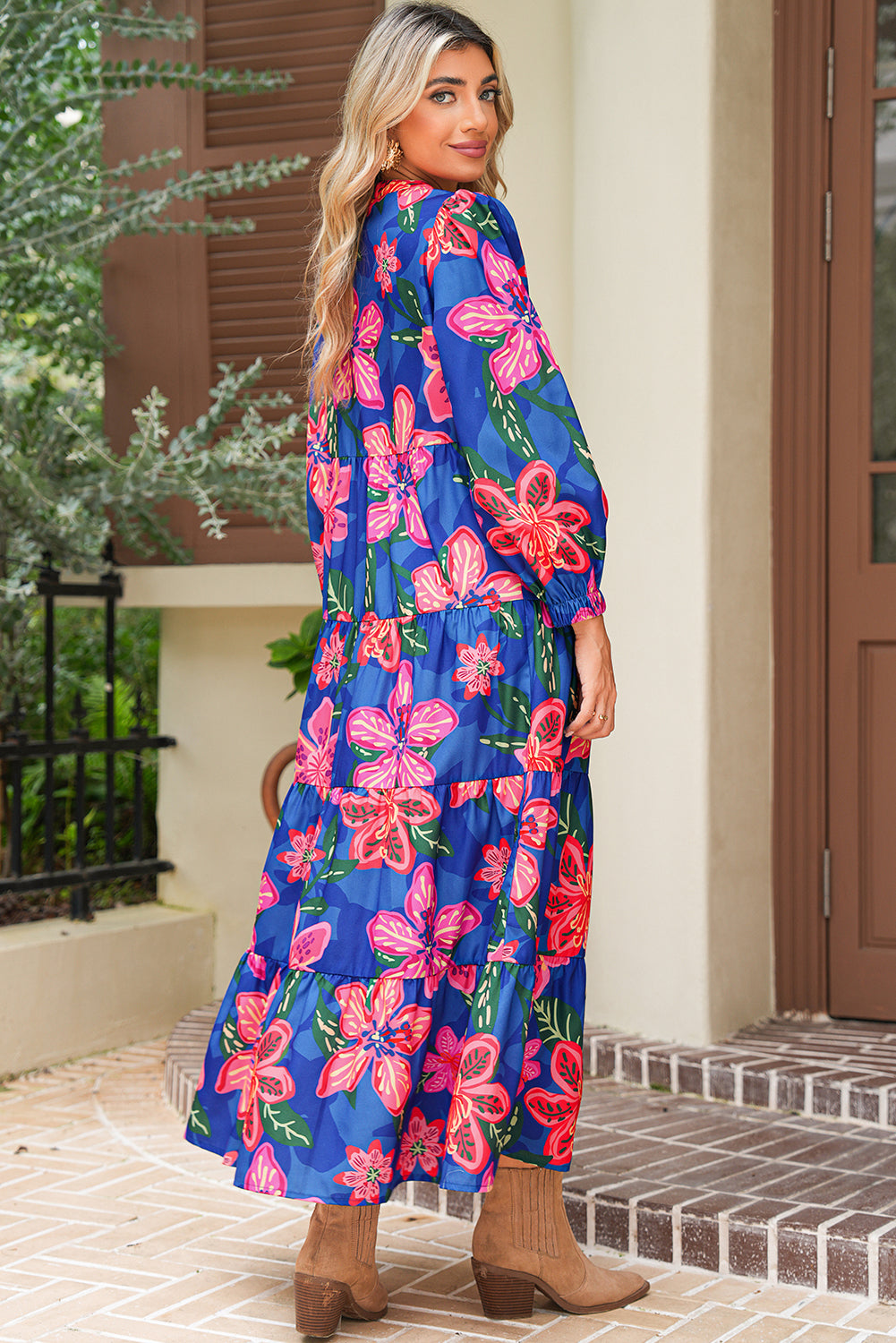 Blue Bohemian Floral Print Three Quarter Sleeve Tiered Maxi Dress