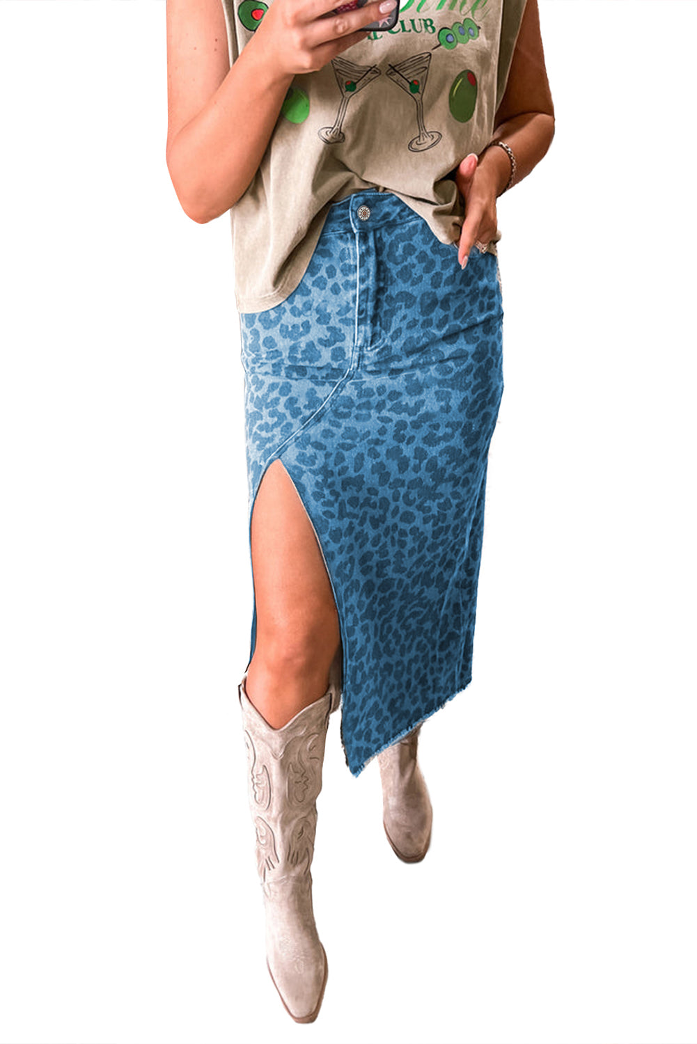 Sky Blue Leopard Frayed Split Denim Midi Skirt