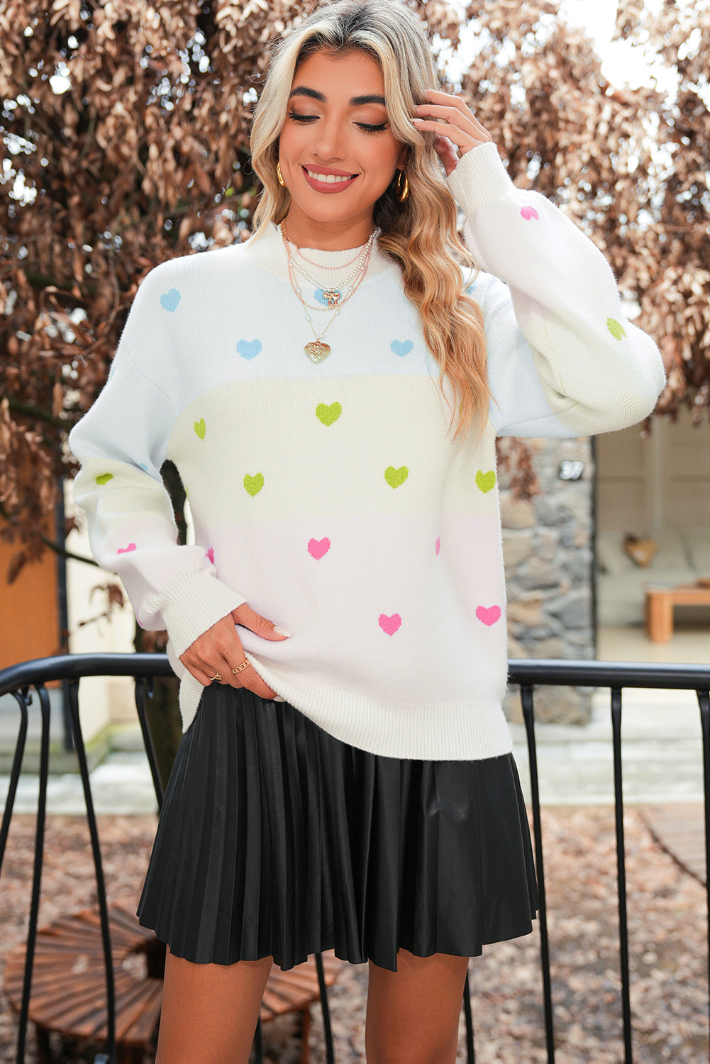 Multicolor Heart Pattern Colorblock High Neck Sweater