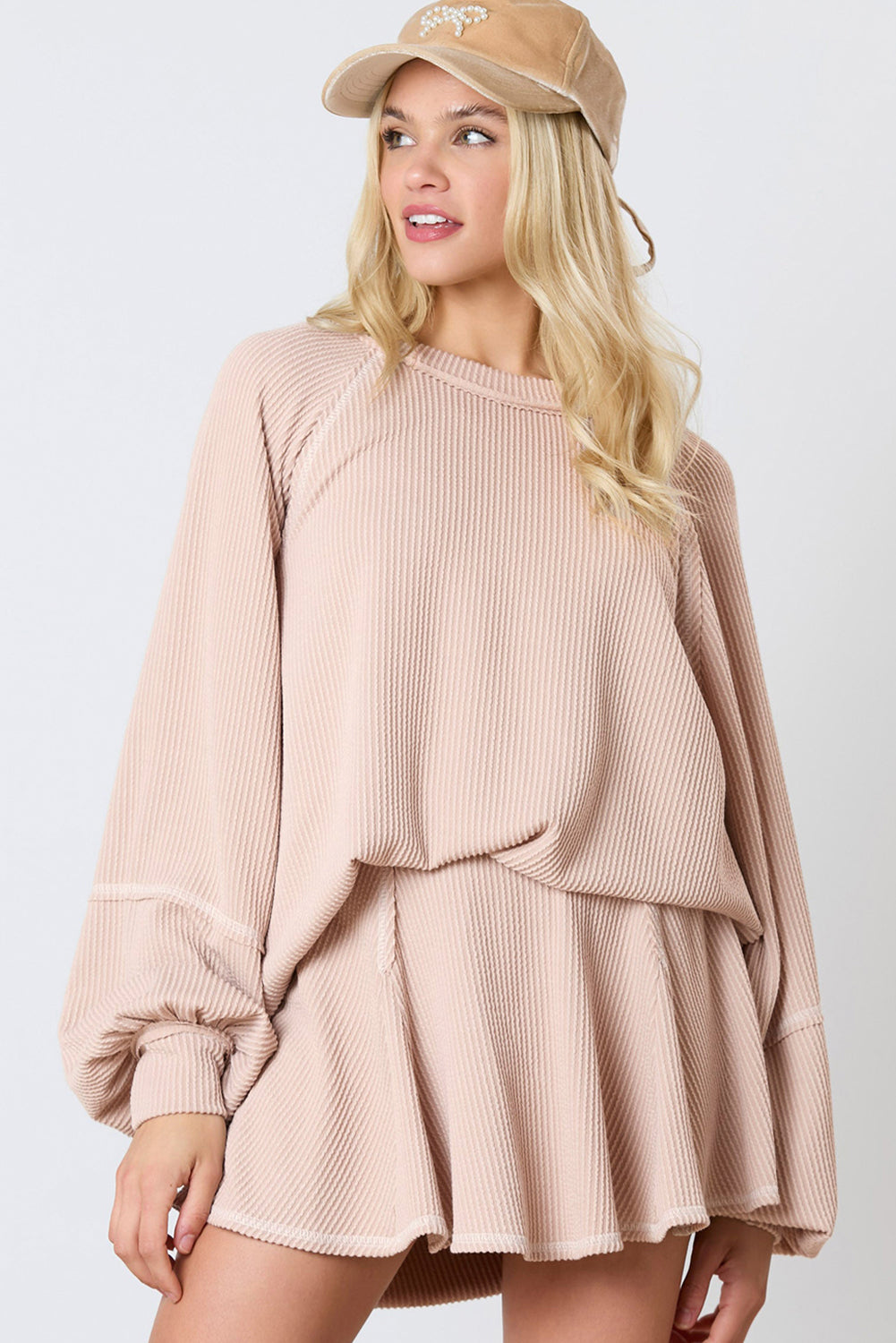 Jet Stream Corded Lantern Sleeve Pullover and Ruffle Mini Skirt Set