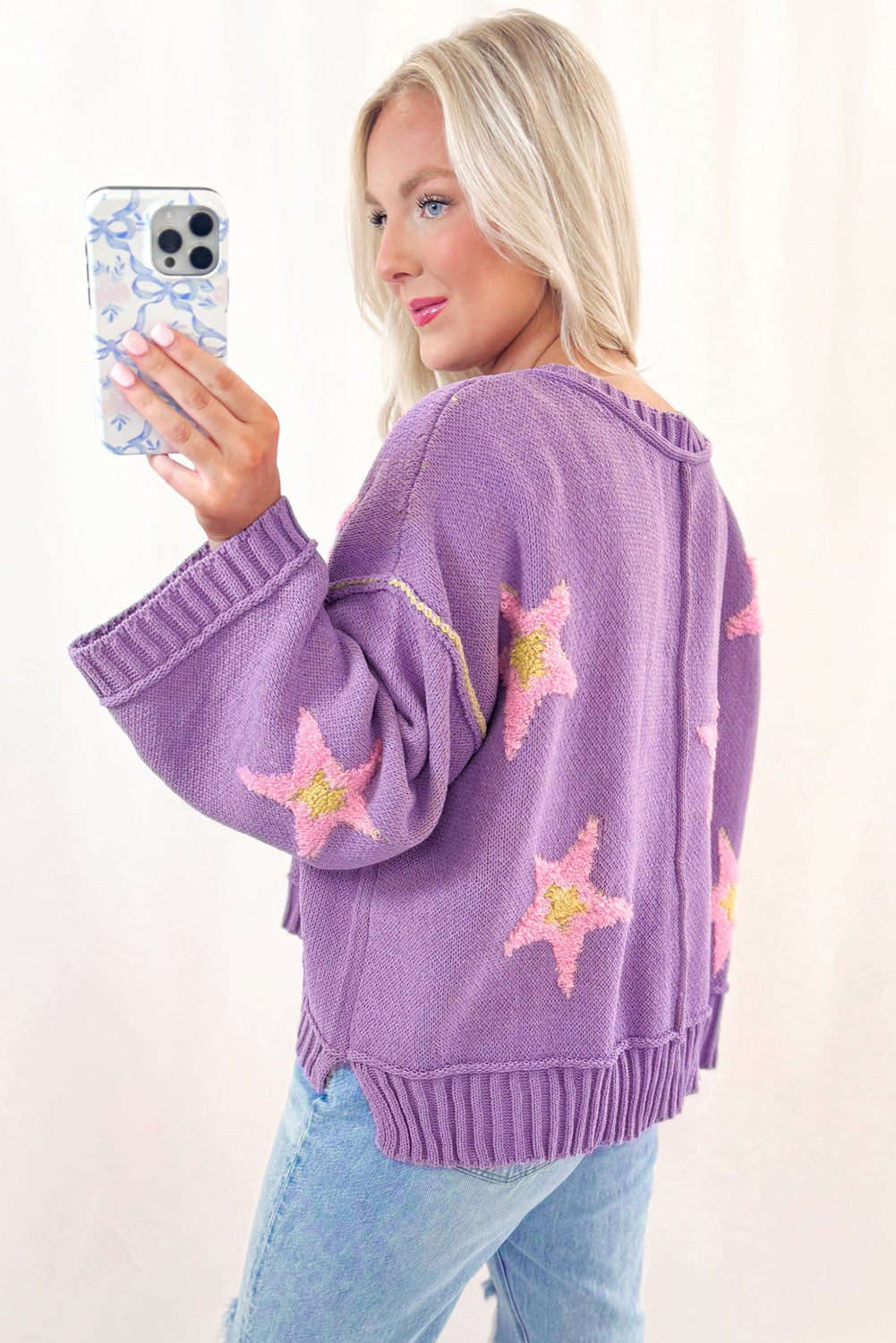 Lavendula Brushed Star Graphic V Neck Drop Shoulder Oversize Sweater