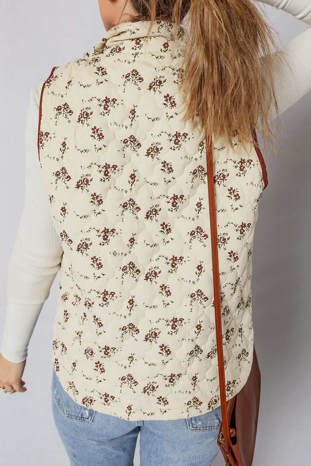 Apricot Floral Print Zip Up Quilted Warm Vest