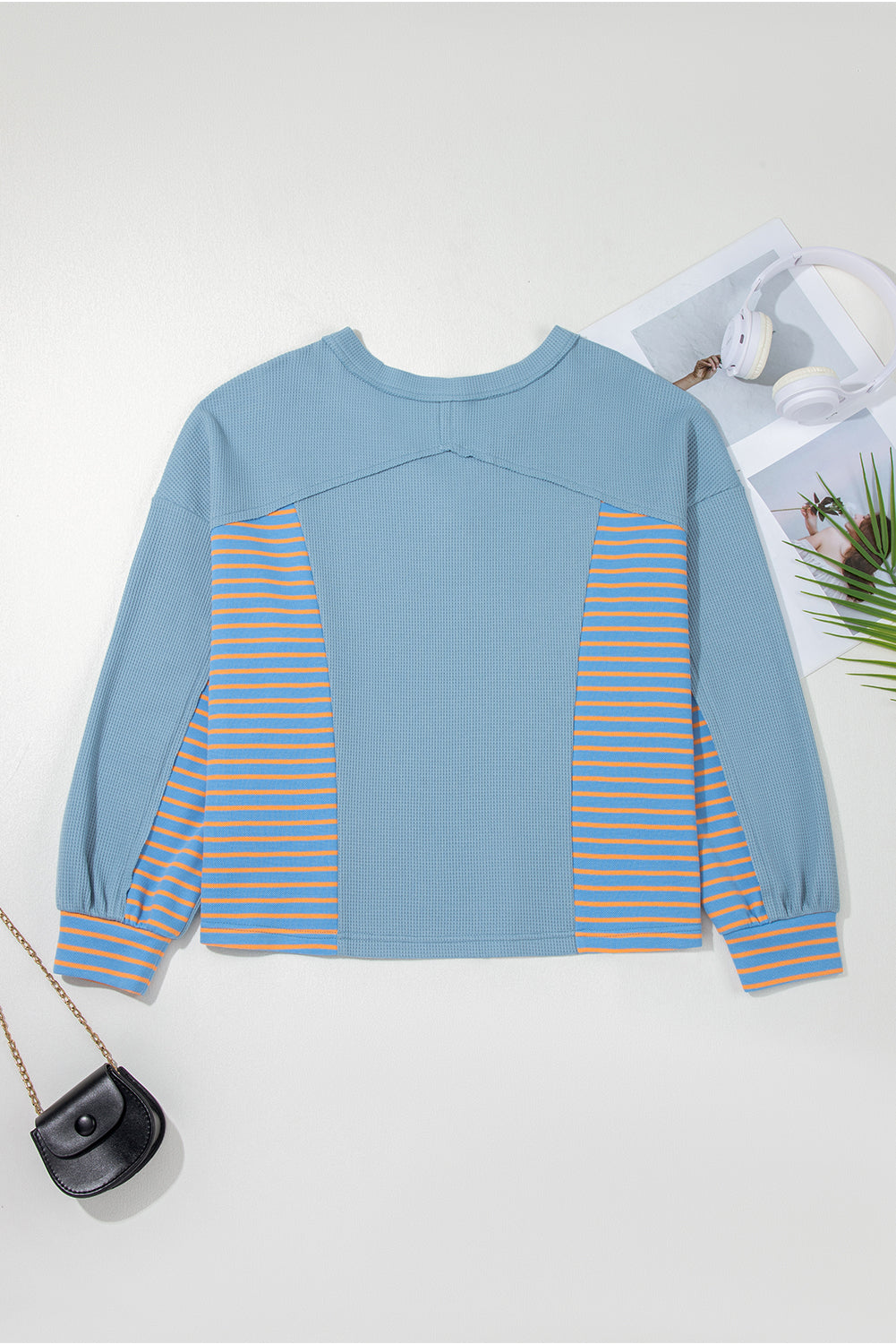 Dusk Blue Exposed Seam Waffle Striped Patchwork Baggy Pullover