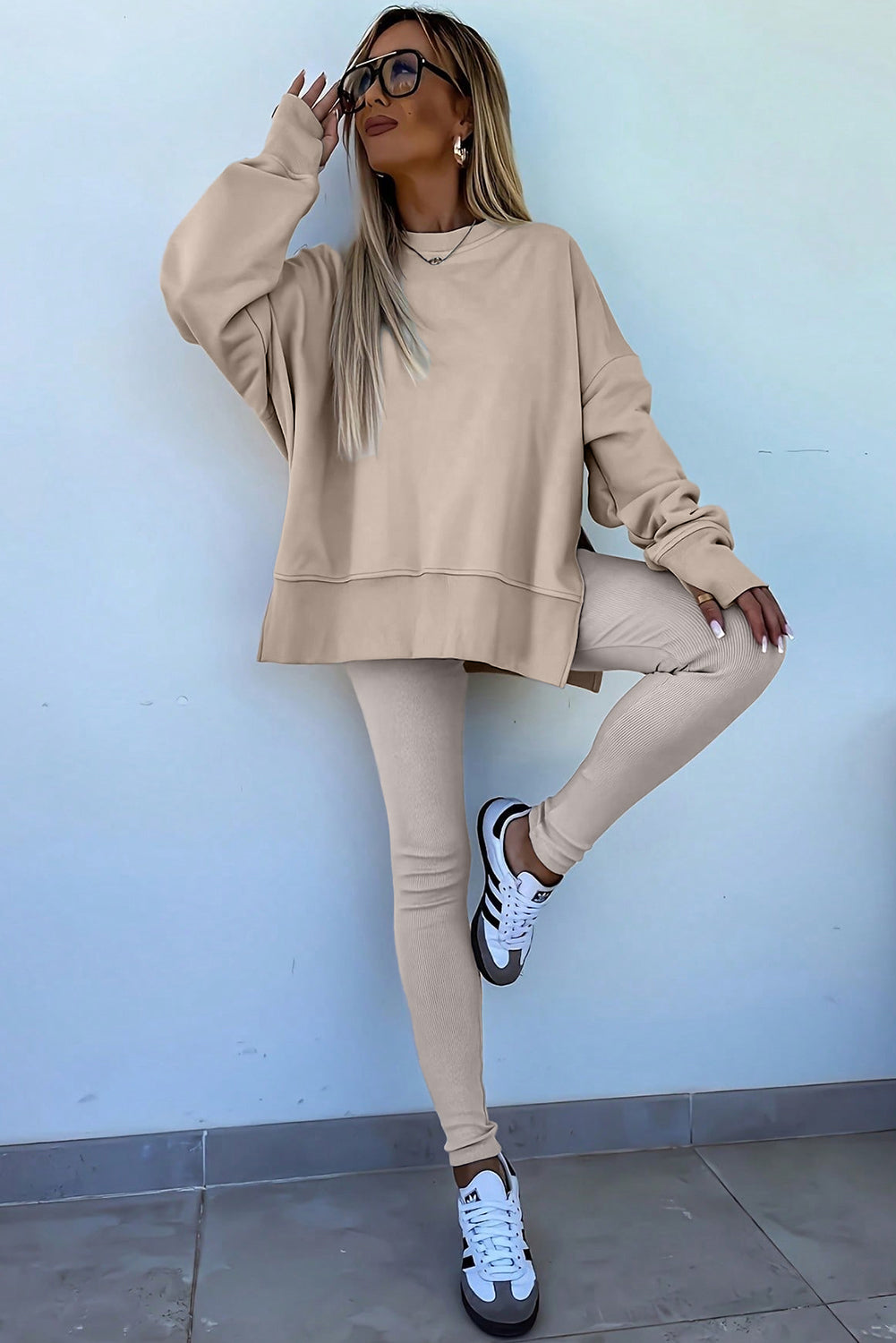 Jet Stream Solid Color Oversize Slit Sweatshirt Ribbed Leggings Set
