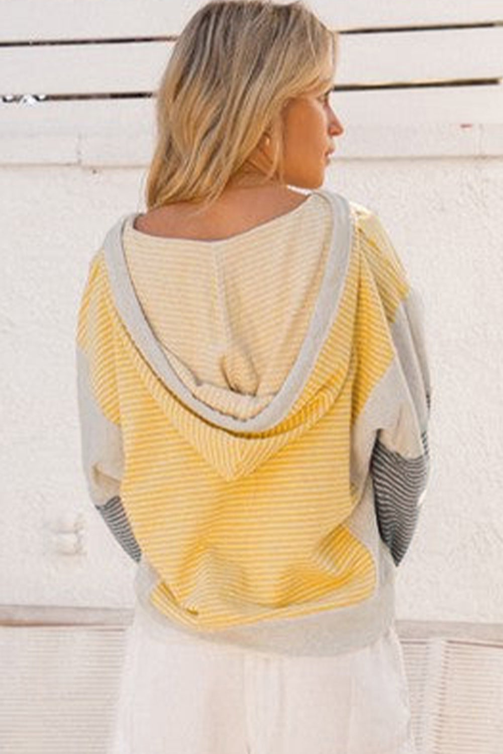 Yellow Stripe Colorblock Drawstring V Neck Loose Fit Hooded Top
