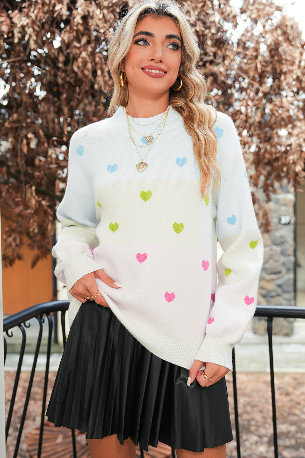 Multicolor Heart Pattern Colorblock High Neck Sweater