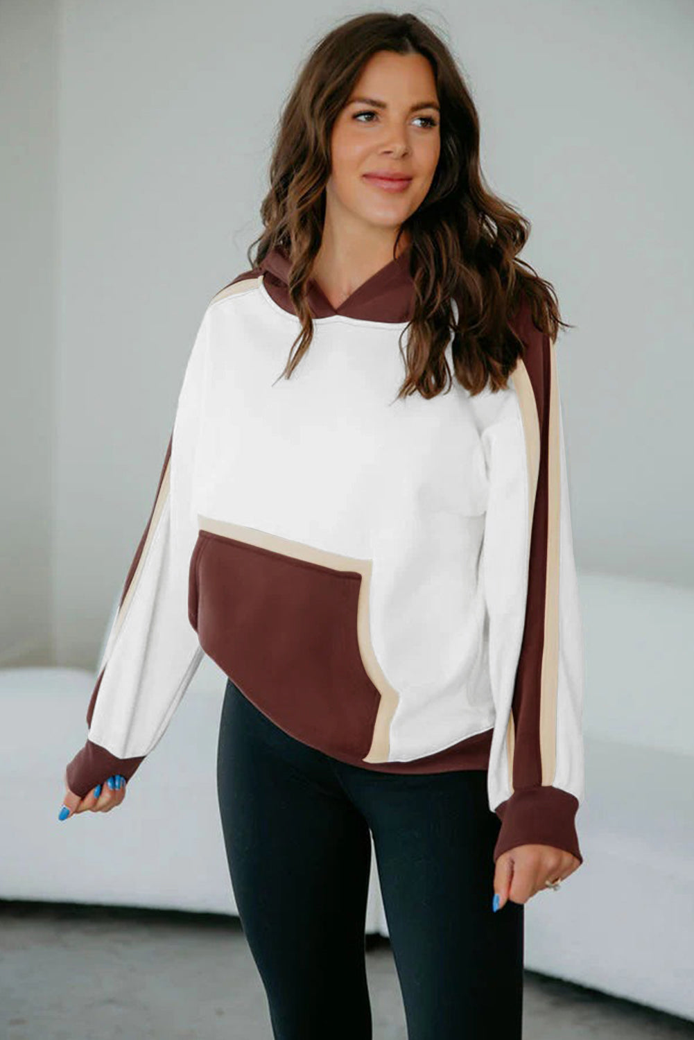 Coffee Colorblock Kangaroo Pocket Long Sleeve Hoodie