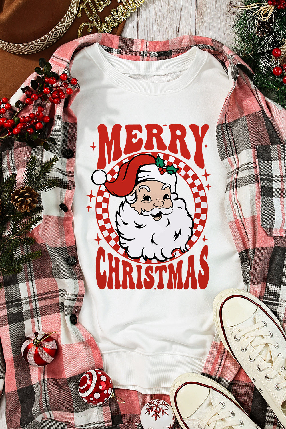 Beige Santa Claus Merry Christmas Heat Transfer Printing Graphic Sweatshirt