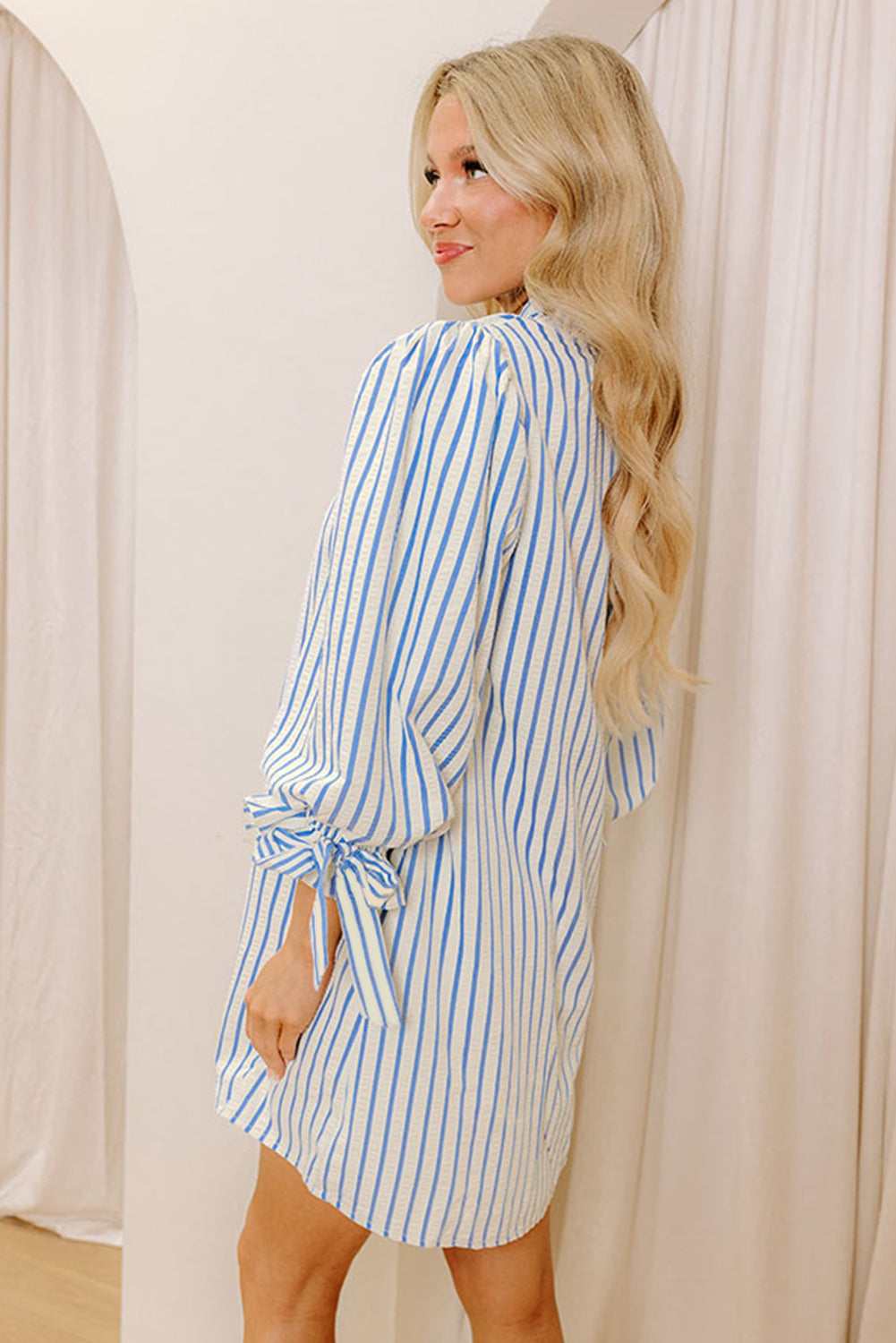 Sky Blue Striped Notched Neck Knot Cuffs Mini Dress