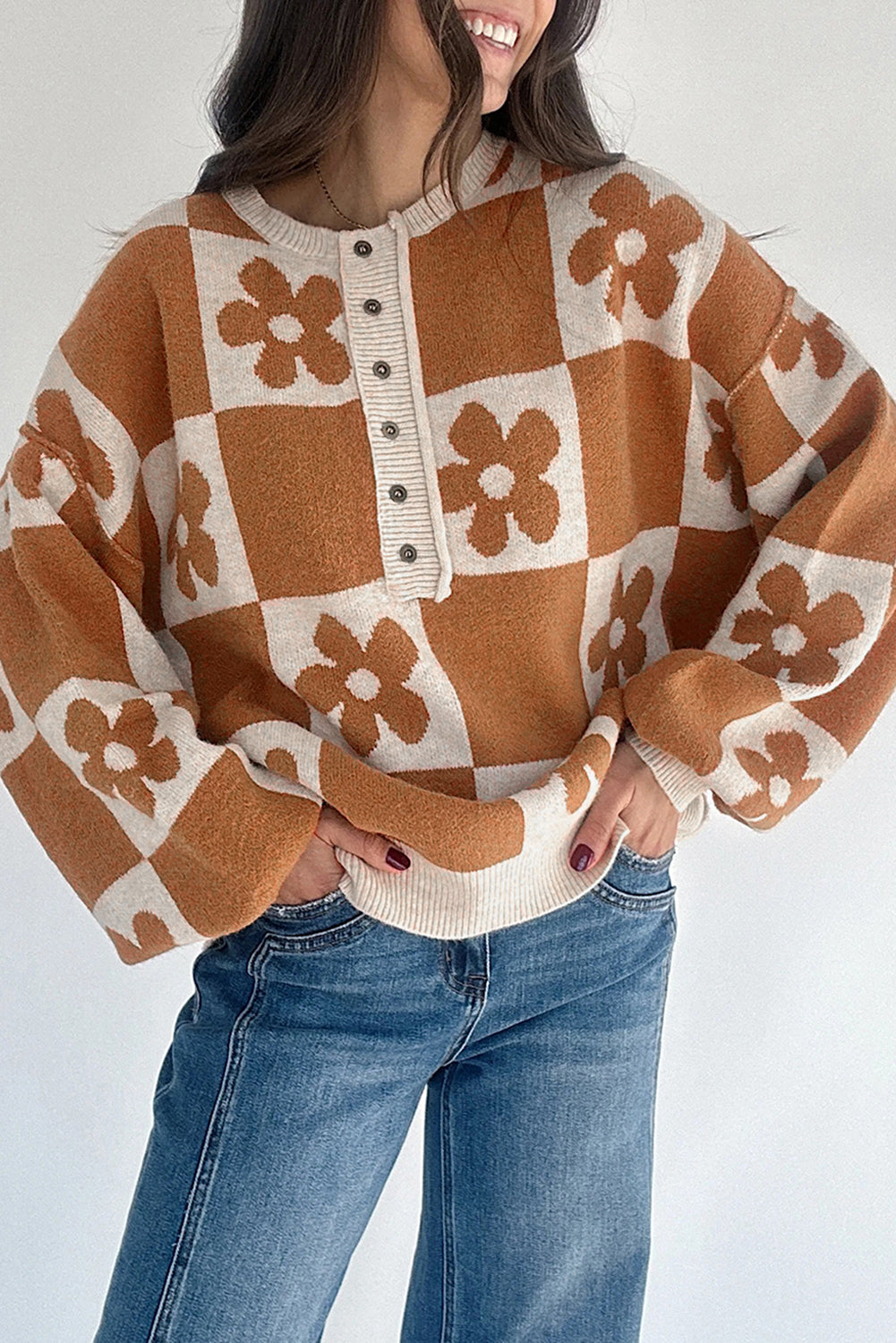 Thai Curry Flower Colorblock Checkered Henley Sweater