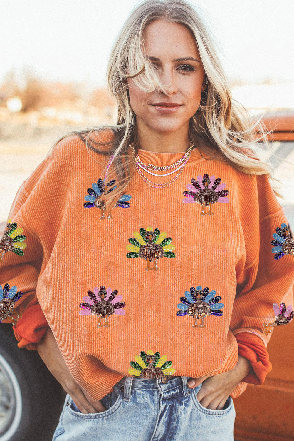 Orange Turkey Graphic Sequins Patch Corded Baggy Sweatshirt